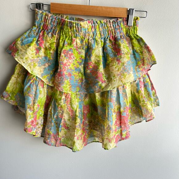 LoveShackFancy Ruffle Mini Skirt Women Sz P (XS) Yellow Pastel Fields Floral NWT - Picture 4 of 7